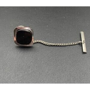 Vintage Silver Tone And Black Faux Onyx Square Tie Tack